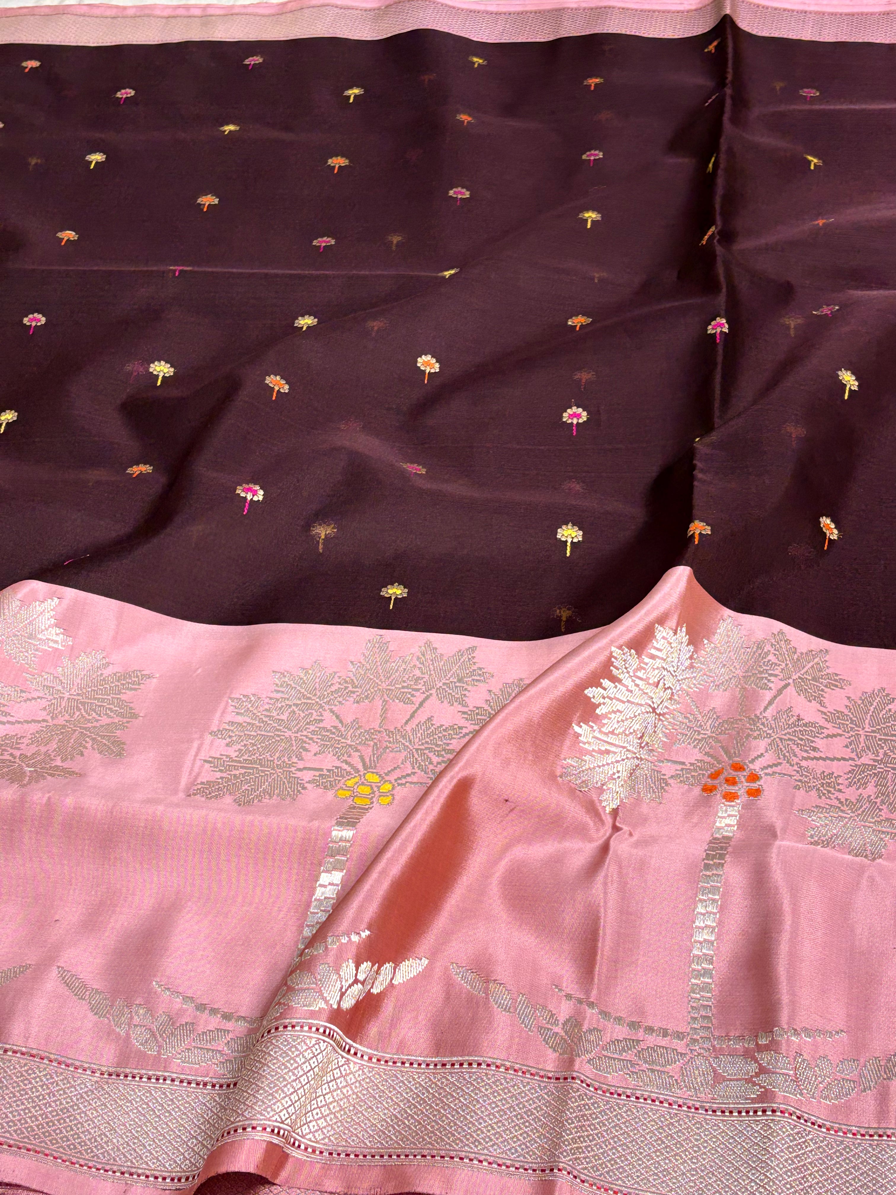 Wine Kadhiyal Banarasi Kora Silk Saree with Katan Baby Pink Border