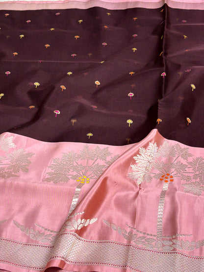 Wine Kadhiyal Banarasi Kora Silk Saree with Katan Baby Pink Border