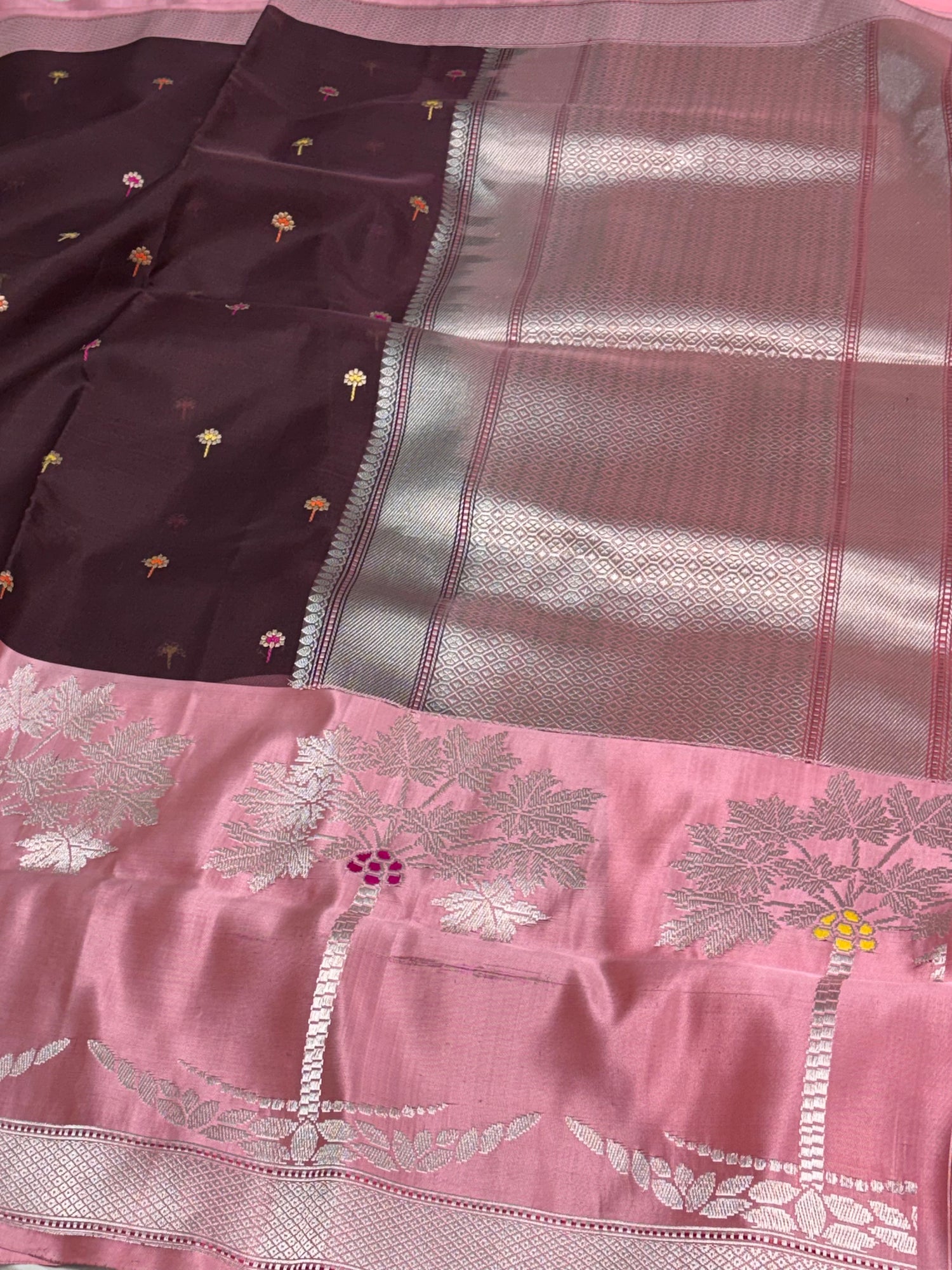 Wine Kadhiyal Banarasi Kora Silk Saree with Katan Baby Pink Border