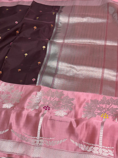 Wine Kadhiyal Banarasi Kora Silk Saree with Katan Baby Pink Border