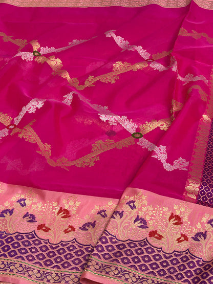 Pink Kadhiyal Banarasi Kora Silk Saree with Rich Zari Border