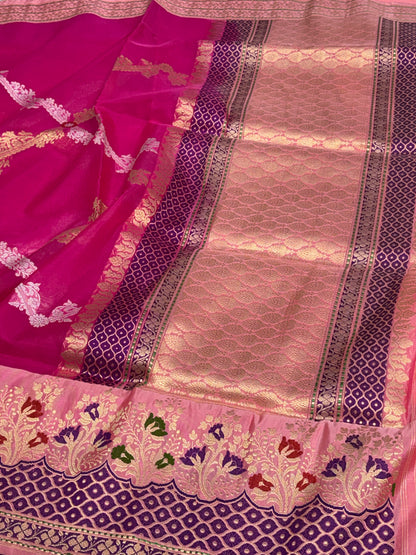 Pink Kadhiyal Banarasi Kora Silk Saree with Rich Zari Border