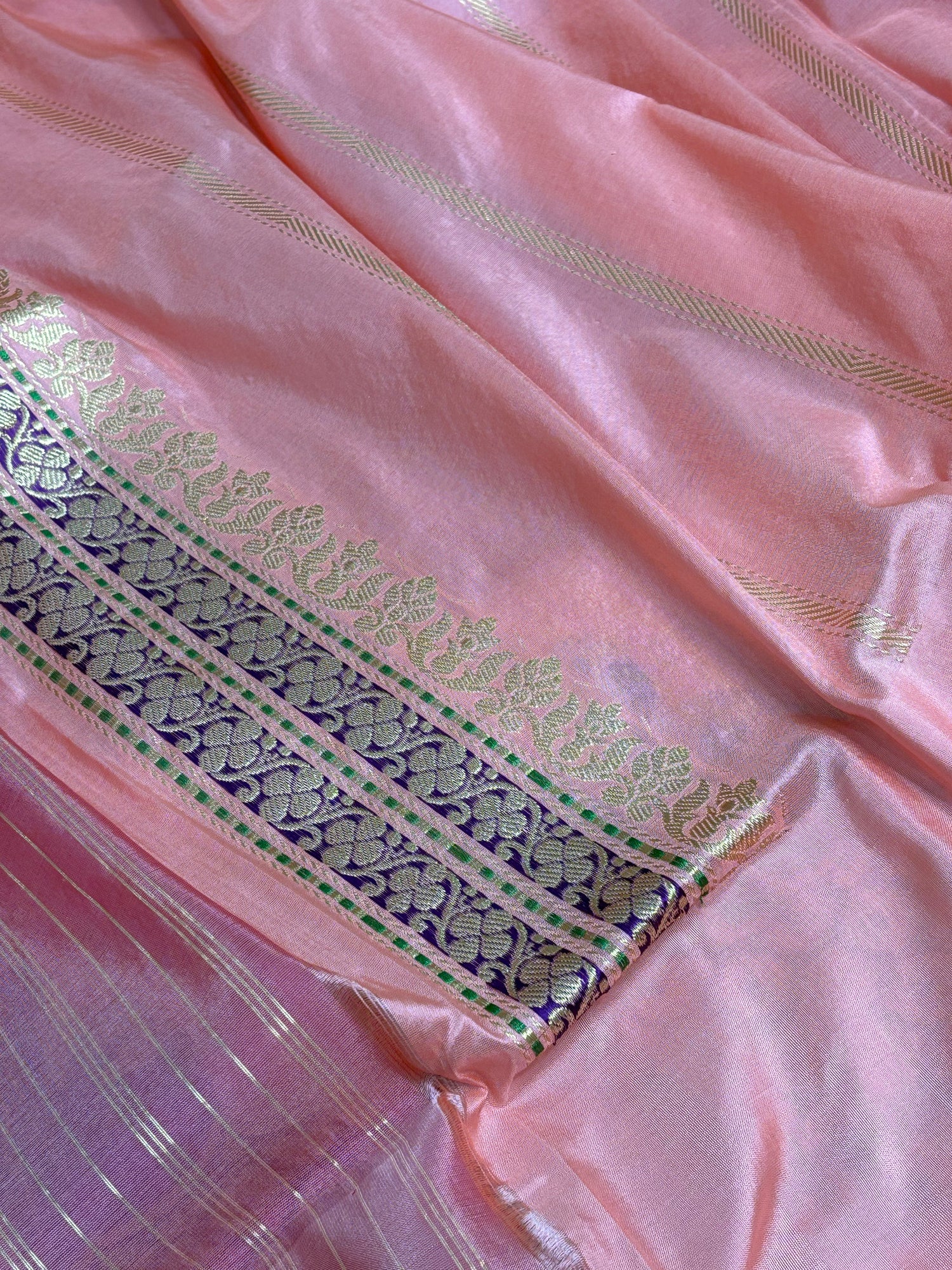 Pink Kadhiyal Banarasi Kora Silk Saree with Rich Zari Border