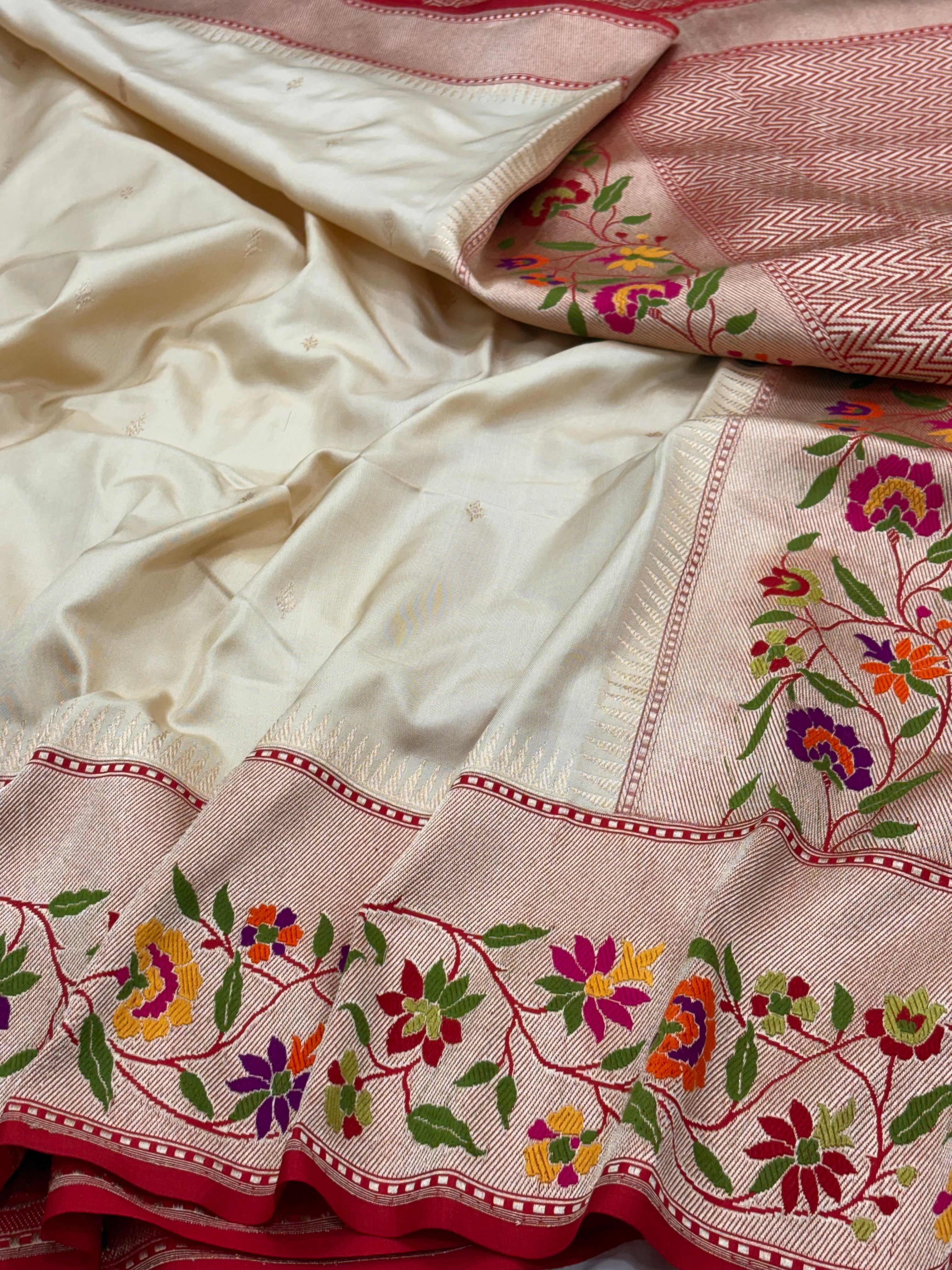 Ivory Pure Banarasi Ektara  Silk Handwoven Saree