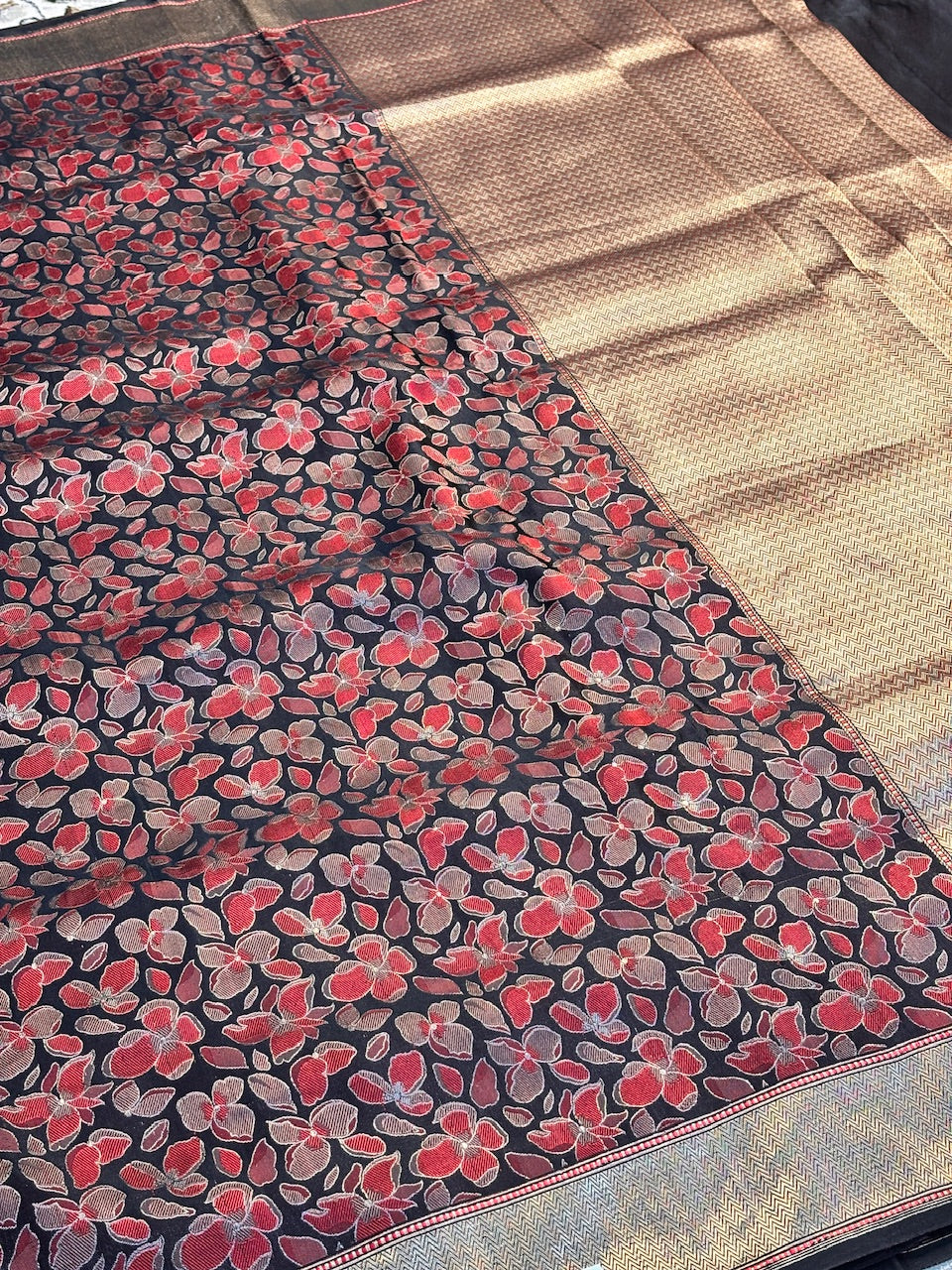 Black Satin Tanchoi Silk Banarasi Handwoven Saree