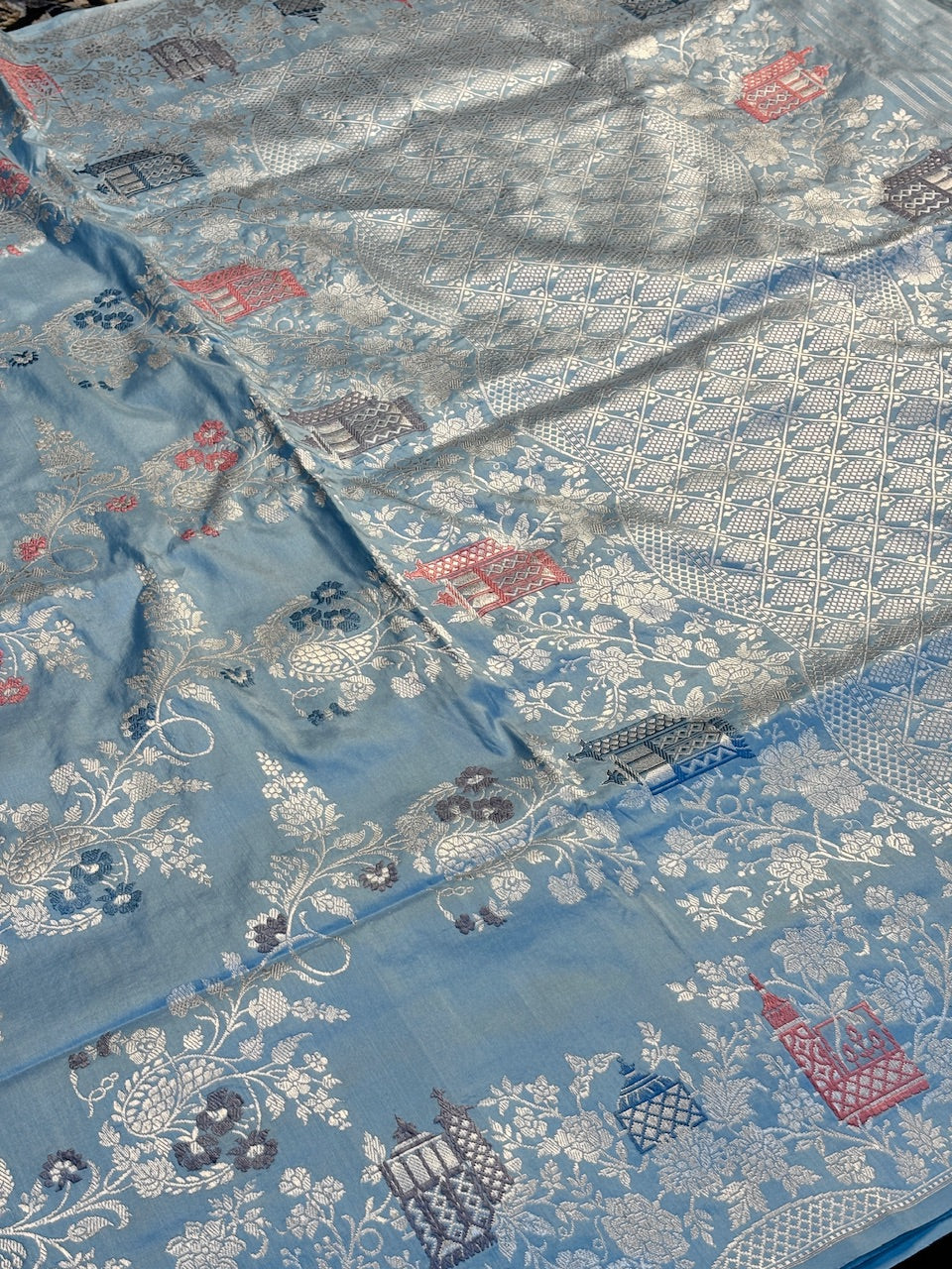 Powder Blue Pure Banarasi Katan Silk Saree