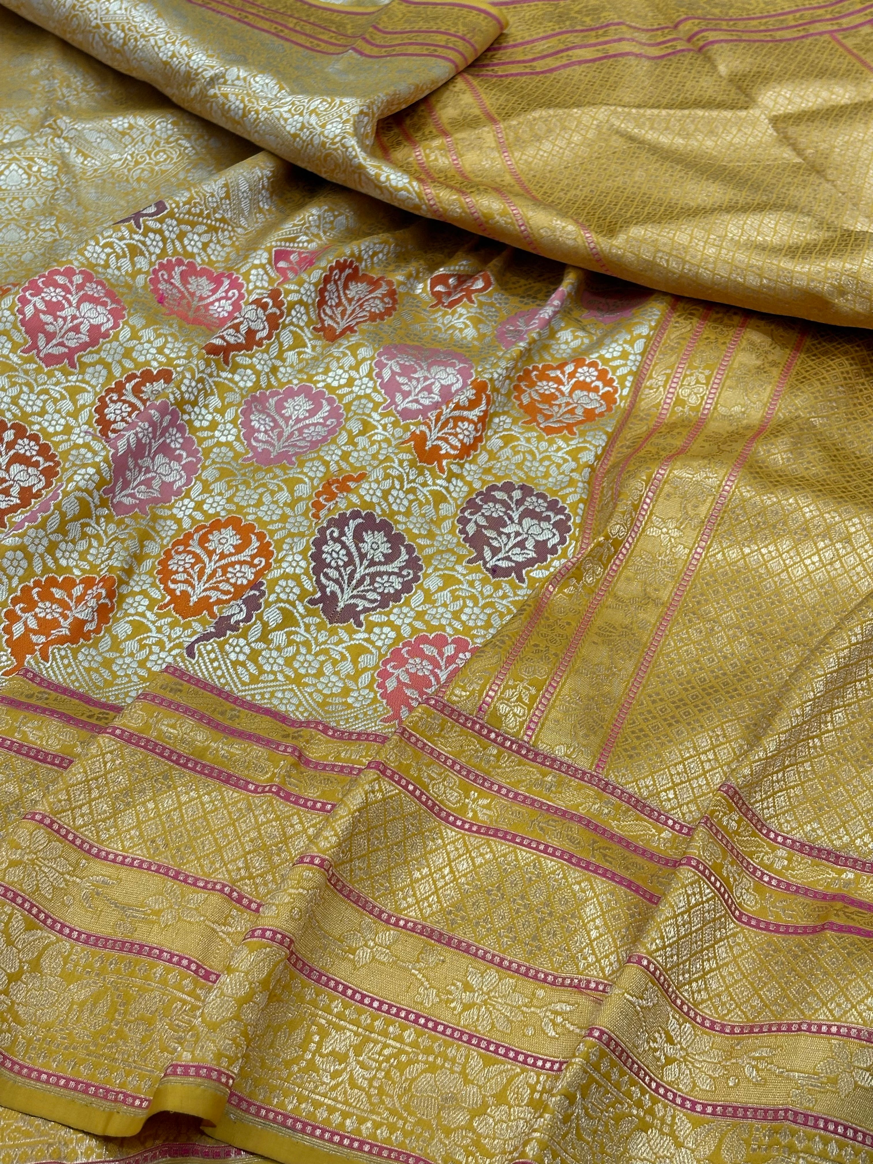 Yellow Banarasi Handwoven Khimkhab Silk Saree