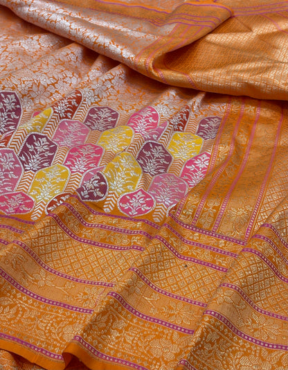 Orange Banarasi Handwoven Khimkhab Silk Saree