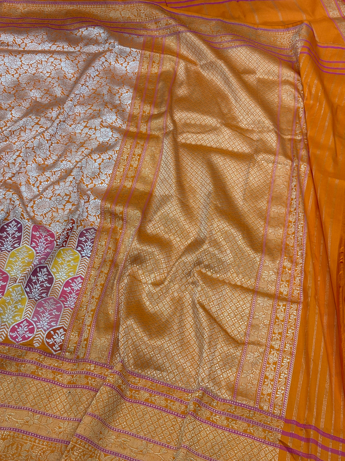 Orange Banarasi Handwoven Khimkhab Silk Saree