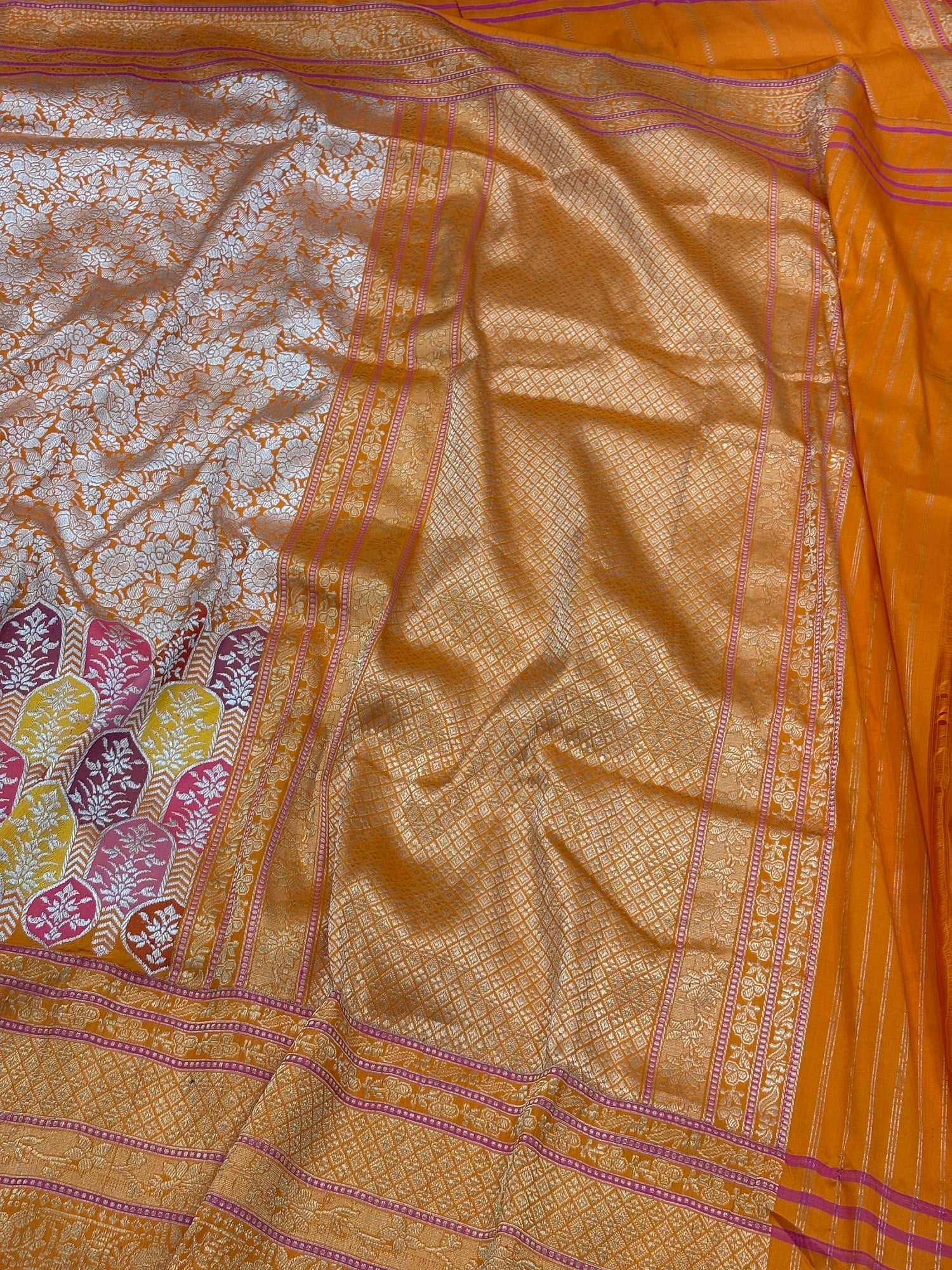 Orange Banarasi Handwoven Khimkhab Silk Saree