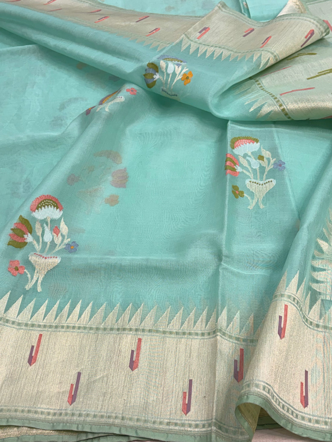 Mint Green Banarasi Ektara Cotton Jamdani Meenakari Buta Saree
