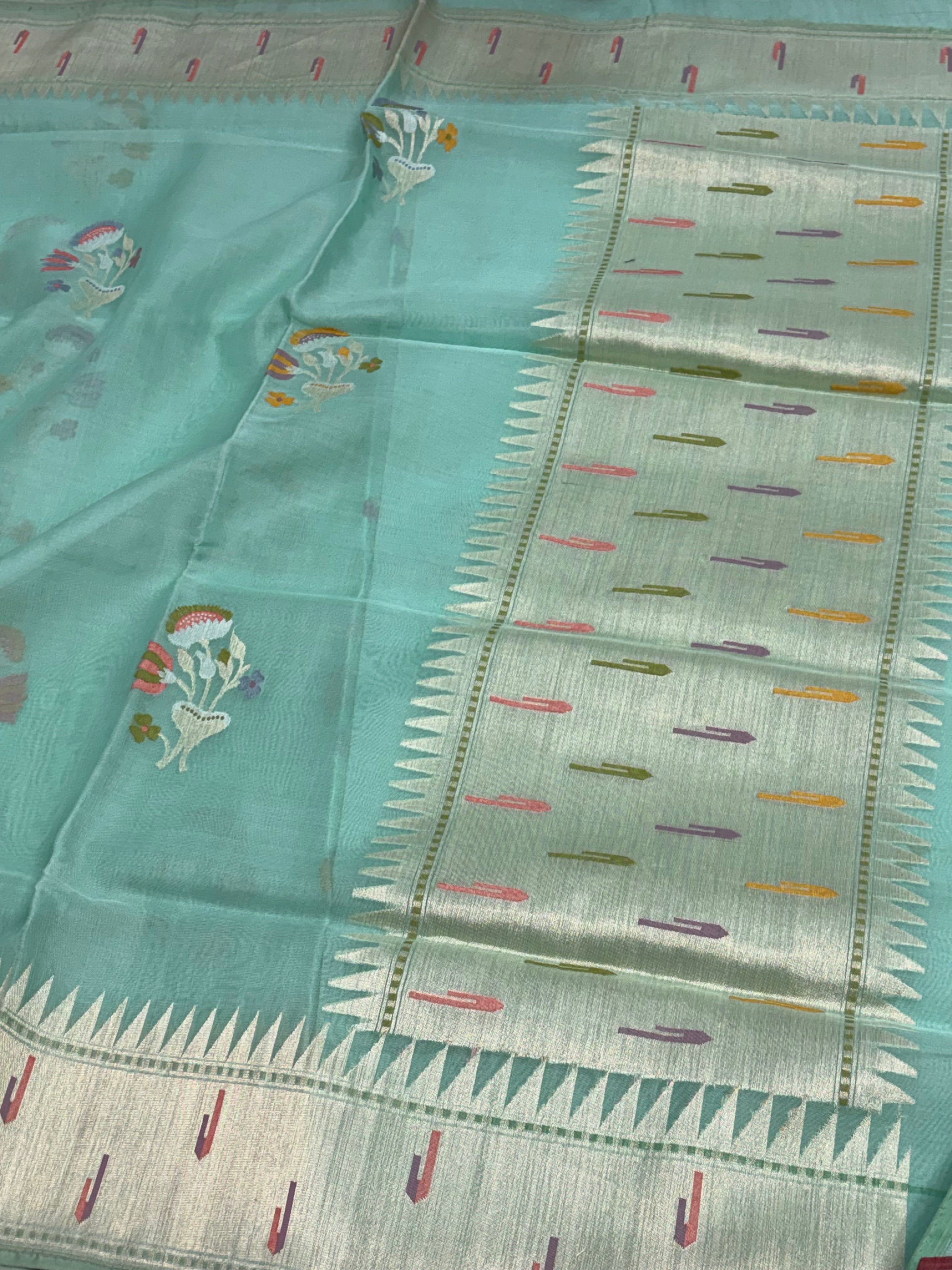 Mint Green Banarasi Ektara Cotton Jamdani Meenakari Buta Saree