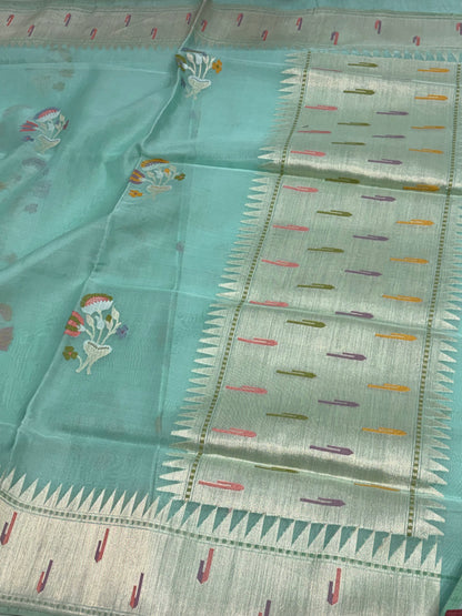 Mint Green Banarasi Ektara Cotton Jamdani Meenakari Buta Saree