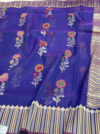Royal Blue Banarasi Ektara Kora Jamdani Meenakari Buta Saree