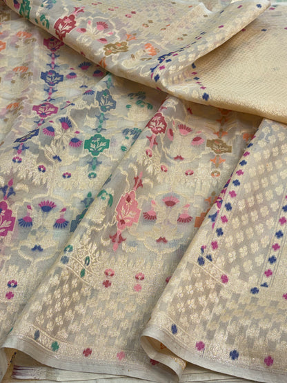 Kora Banarasi Meenakari Jamdani Saree with Multicolor Woven Motifs