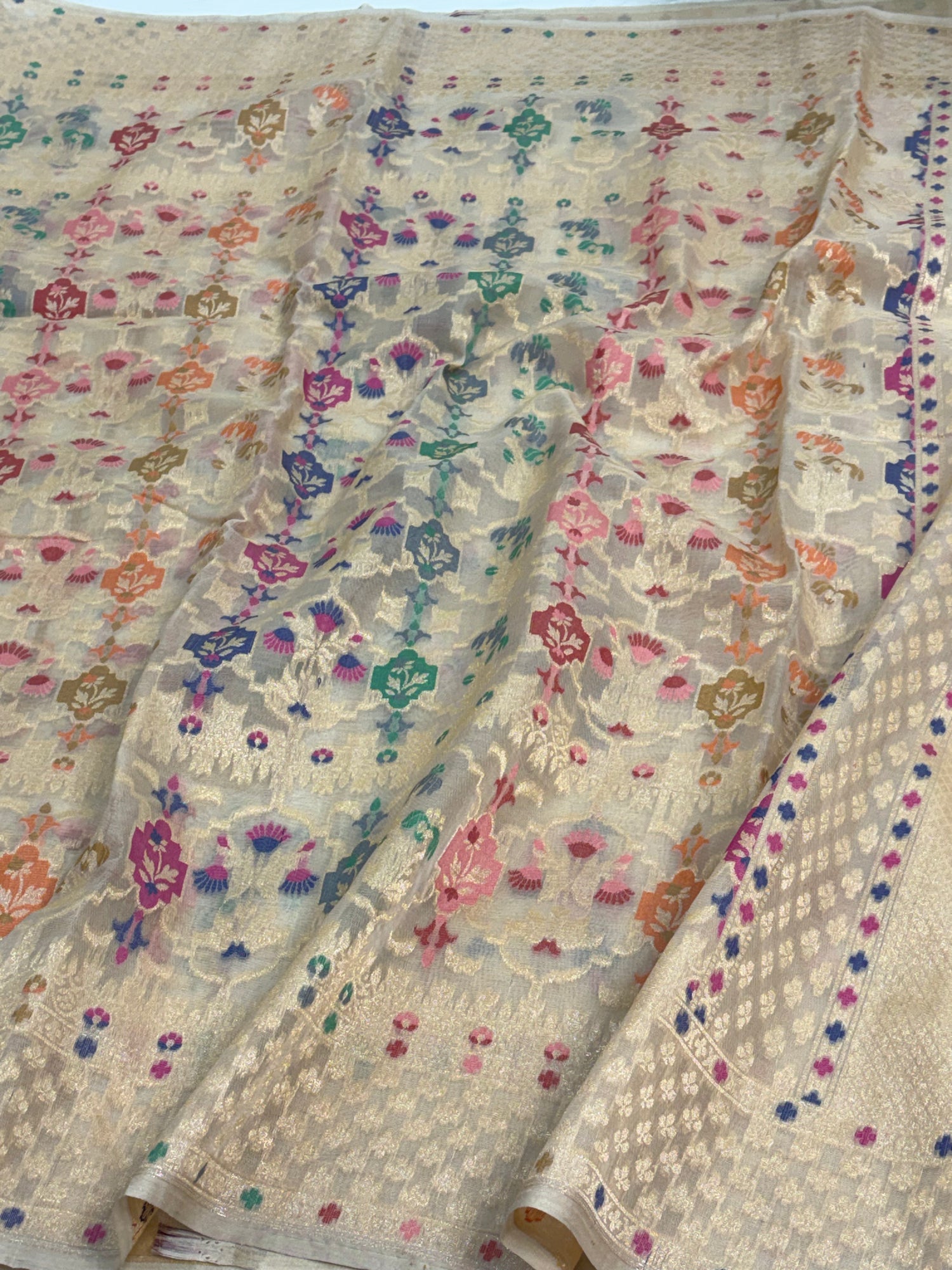 Kora Banarasi Meenakari Jamdani Saree with Multicolor Woven Motifs