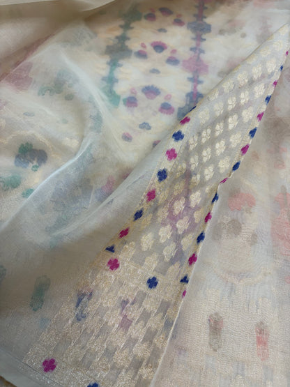 Kora Banarasi Meenakari Jamdani Saree with Multicolor Woven Motifs