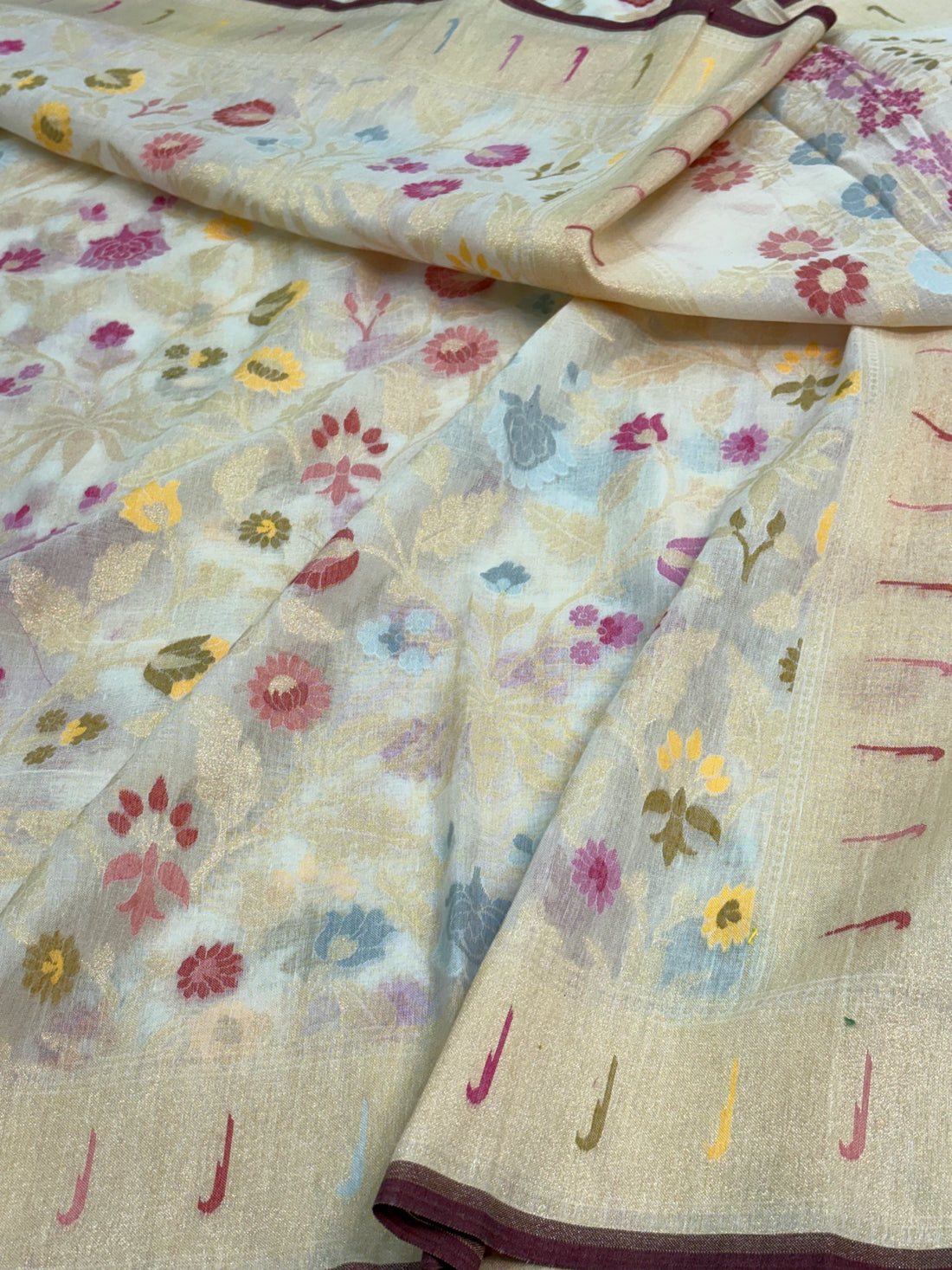 White Cotton Jamdani Saree with Multicolor Floral Weaving