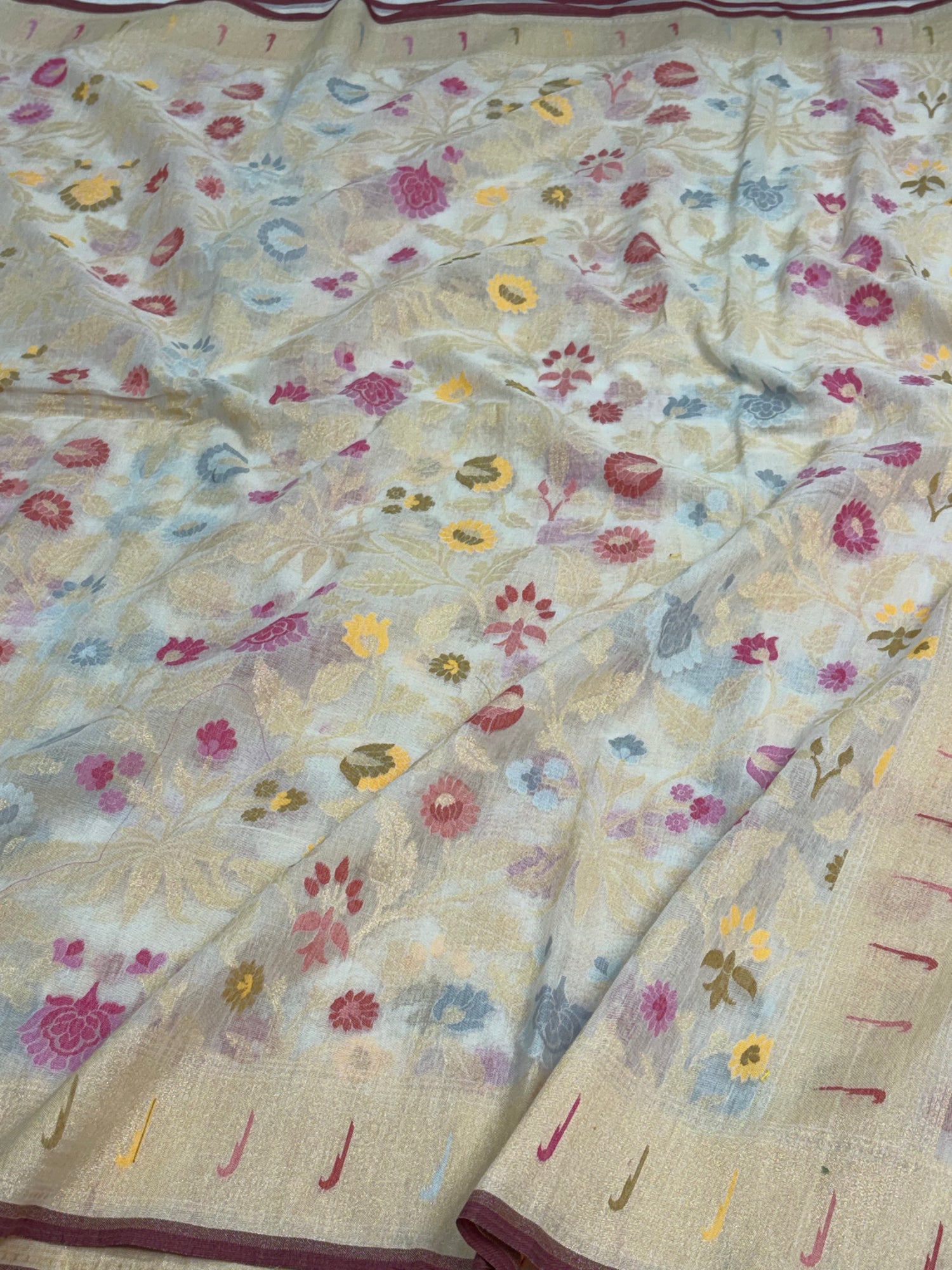 White Cotton Jamdani Saree with Multicolor Floral Weaving