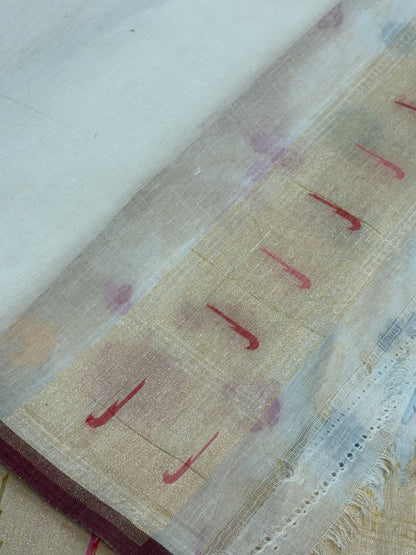 White Cotton Jamdani Saree with Multicolor Floral Weaving