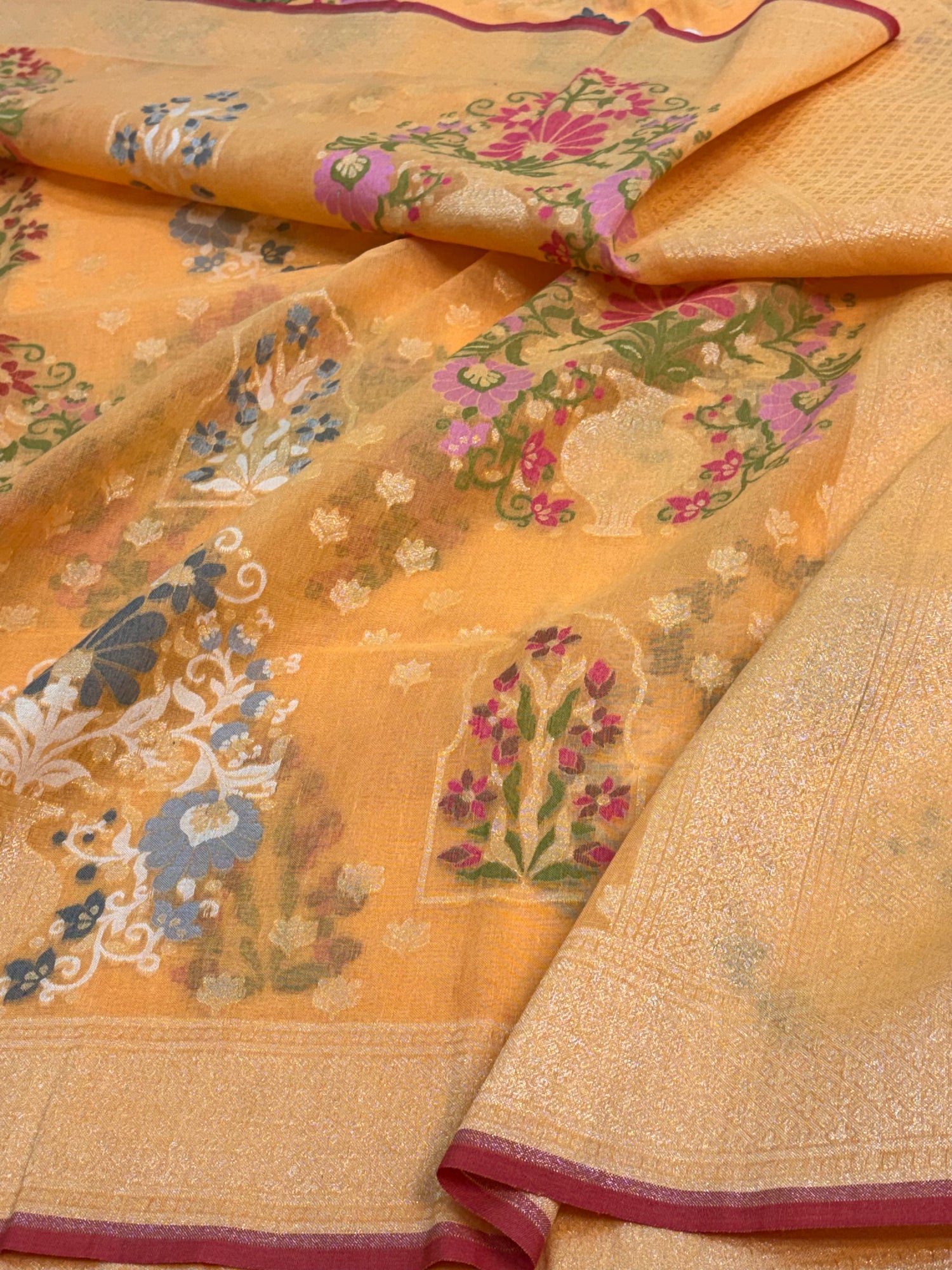 Gold Cotton Jamdani Saree with Multicolor Woven Motifs