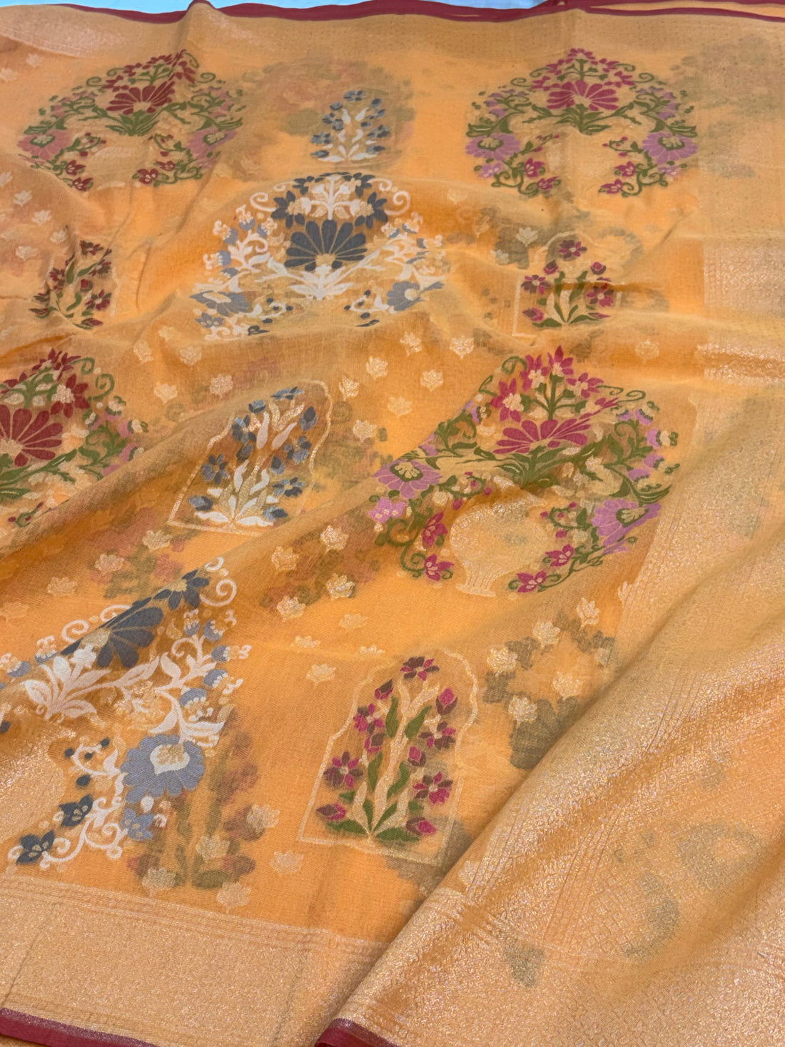 Gold Cotton Jamdani Saree with Multicolor Woven Motifs