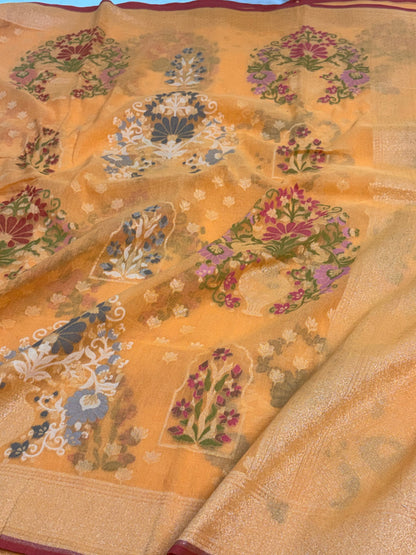 Gold Cotton Jamdani Saree with Multicolor Woven Motifs