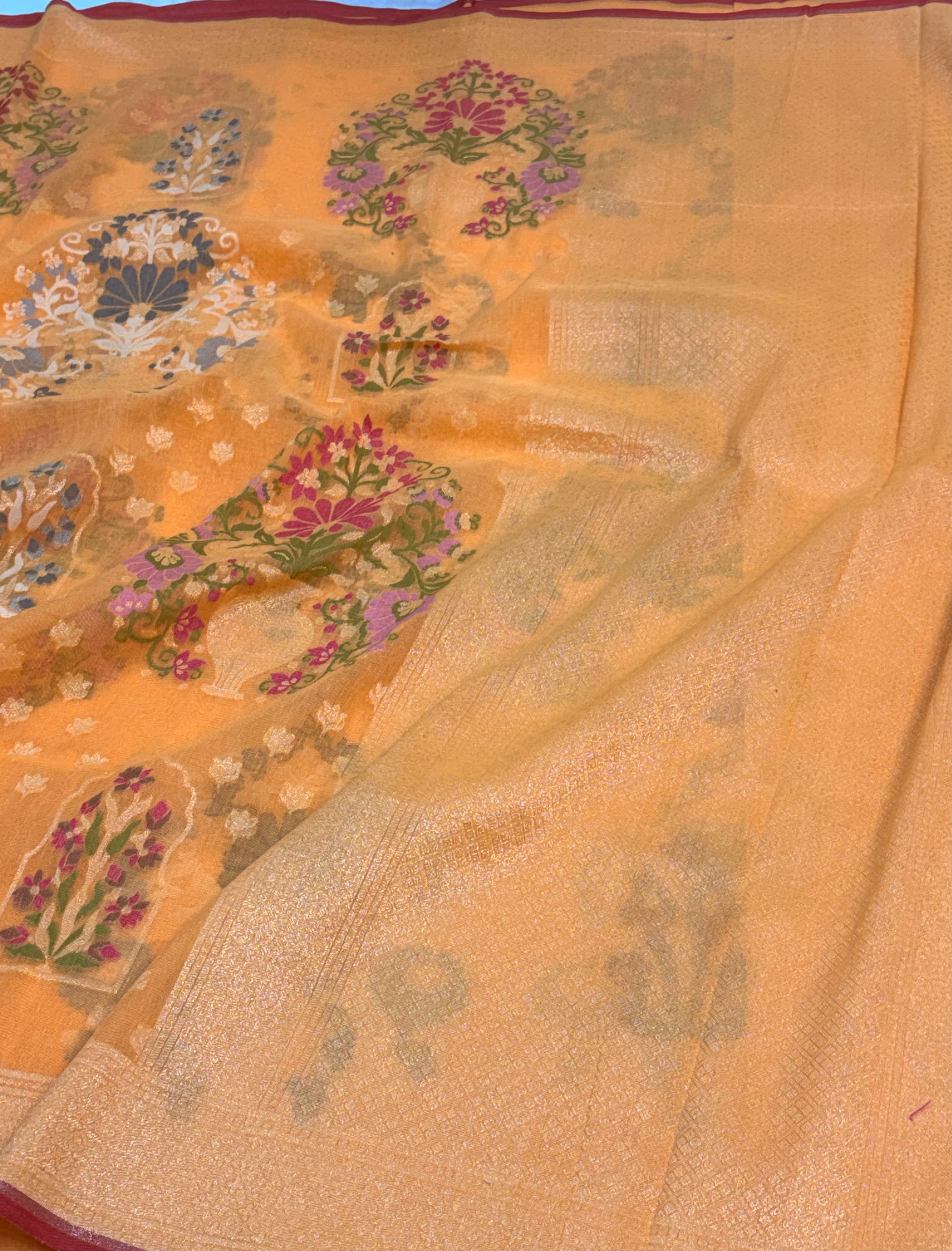 Gold Cotton Jamdani Saree with Multicolor Woven Motifs