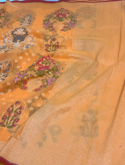 Gold Cotton Jamdani Saree with Multicolor Woven Motifs