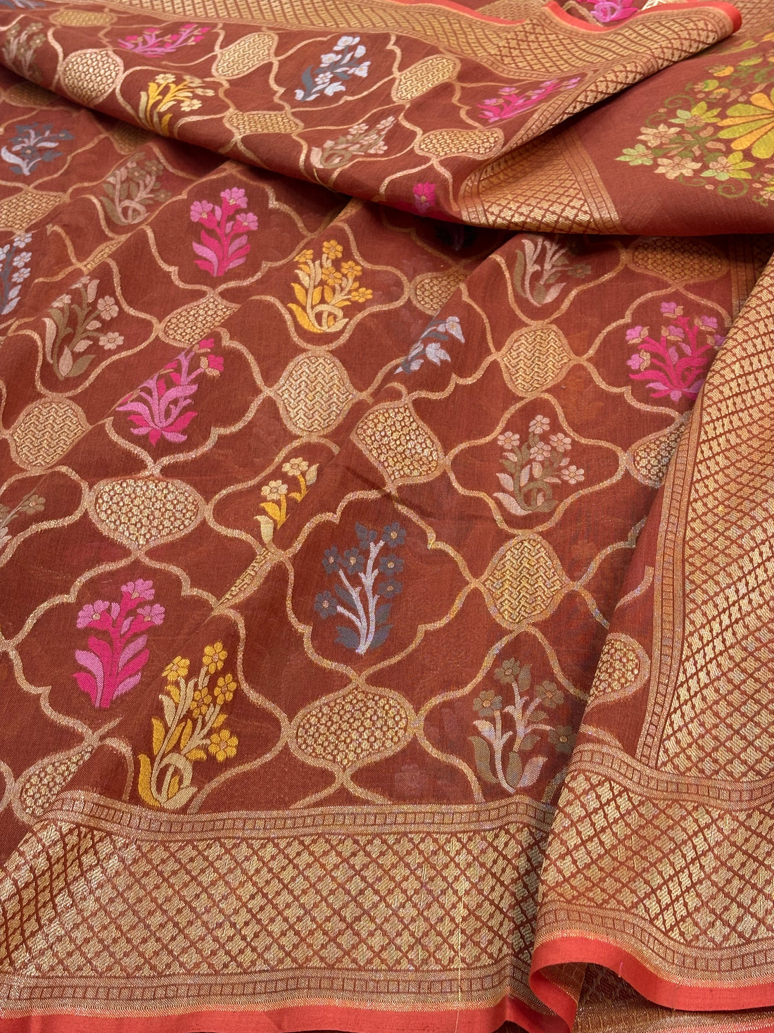 Brown Cotton Jamdani Saree with Multicolor Woven Motifs