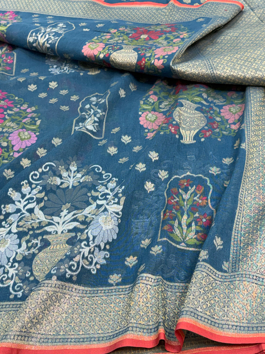 Petrol Blue Banarasi Cotton Jamdani Saree with Multicolor Woven Motifs