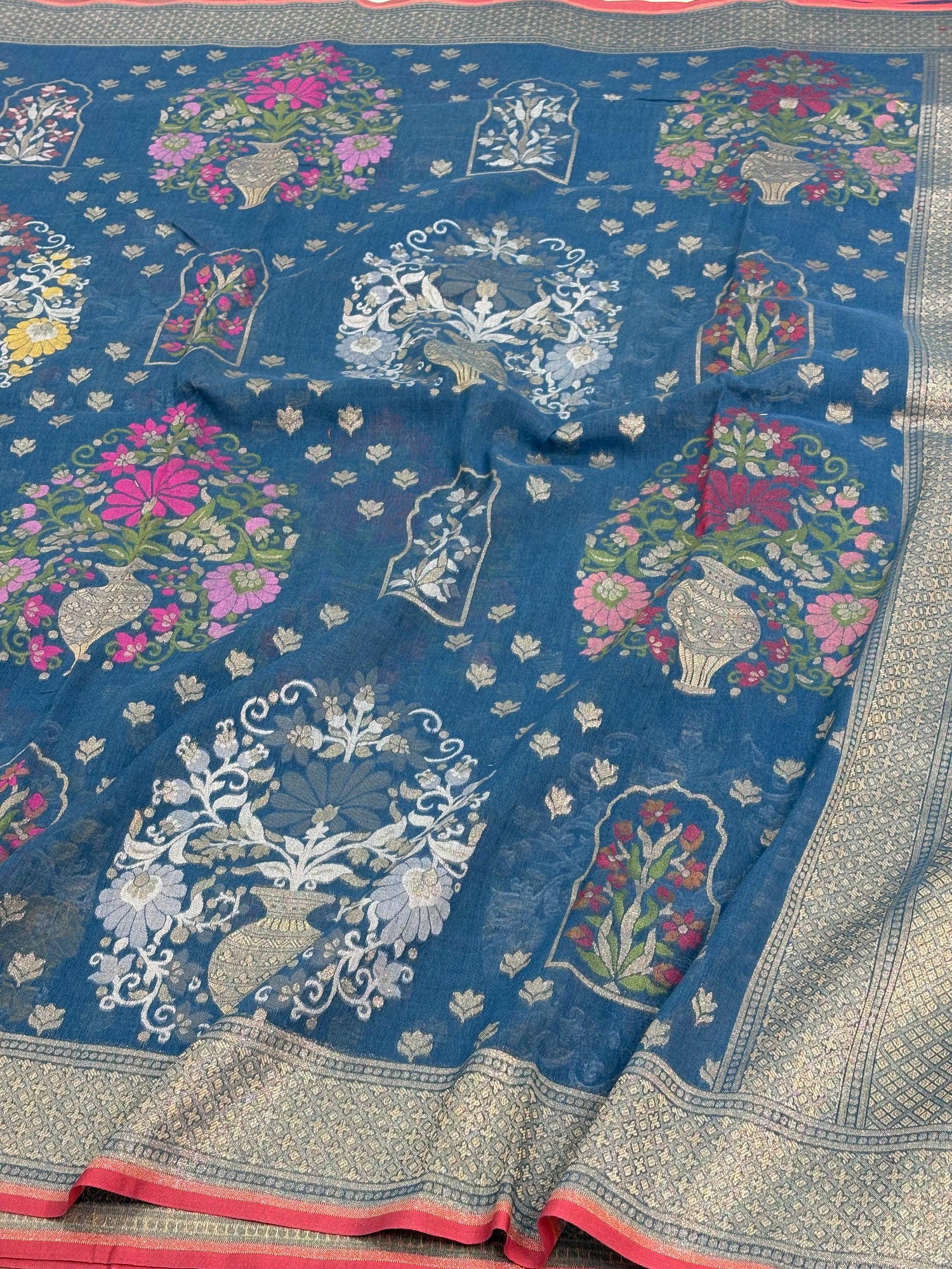 Petrol Blue Banarasi Cotton Jamdani Saree with Multicolor Woven Motifs