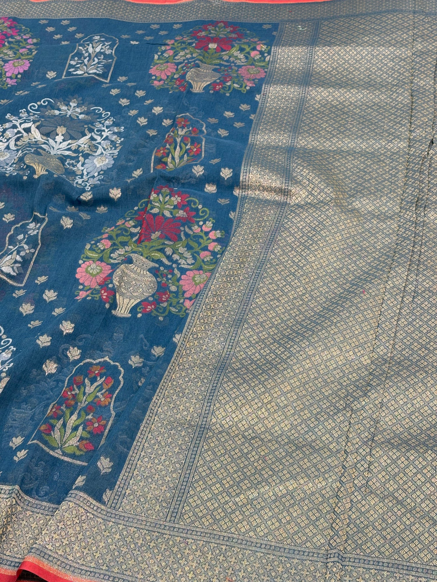 Petrol Blue Banarasi Cotton Jamdani Saree with Multicolor Woven Motifs