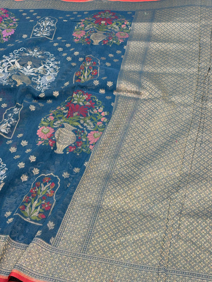 Petrol Blue Banarasi Cotton Jamdani Saree with Multicolor Woven Motifs