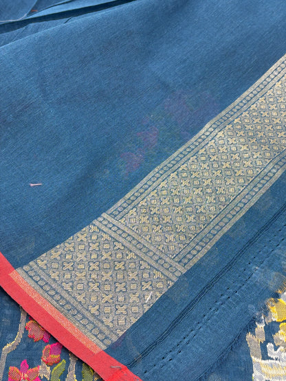 Petrol Blue Banarasi Cotton Jamdani Saree with Multicolor Woven Motifs