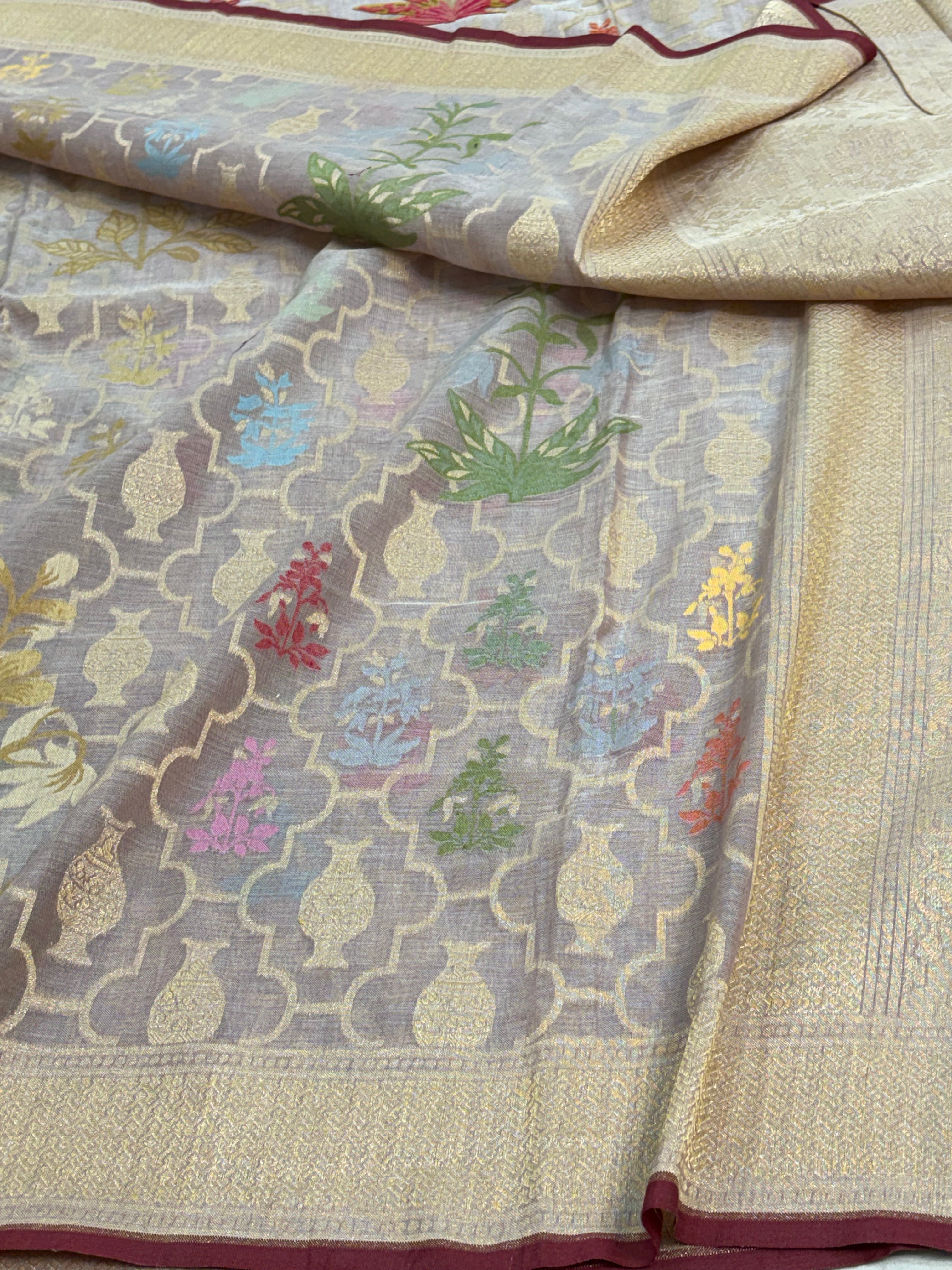 Mauve Banarasi Cotton Jamdani Saree with Multicolor Woven Motifs