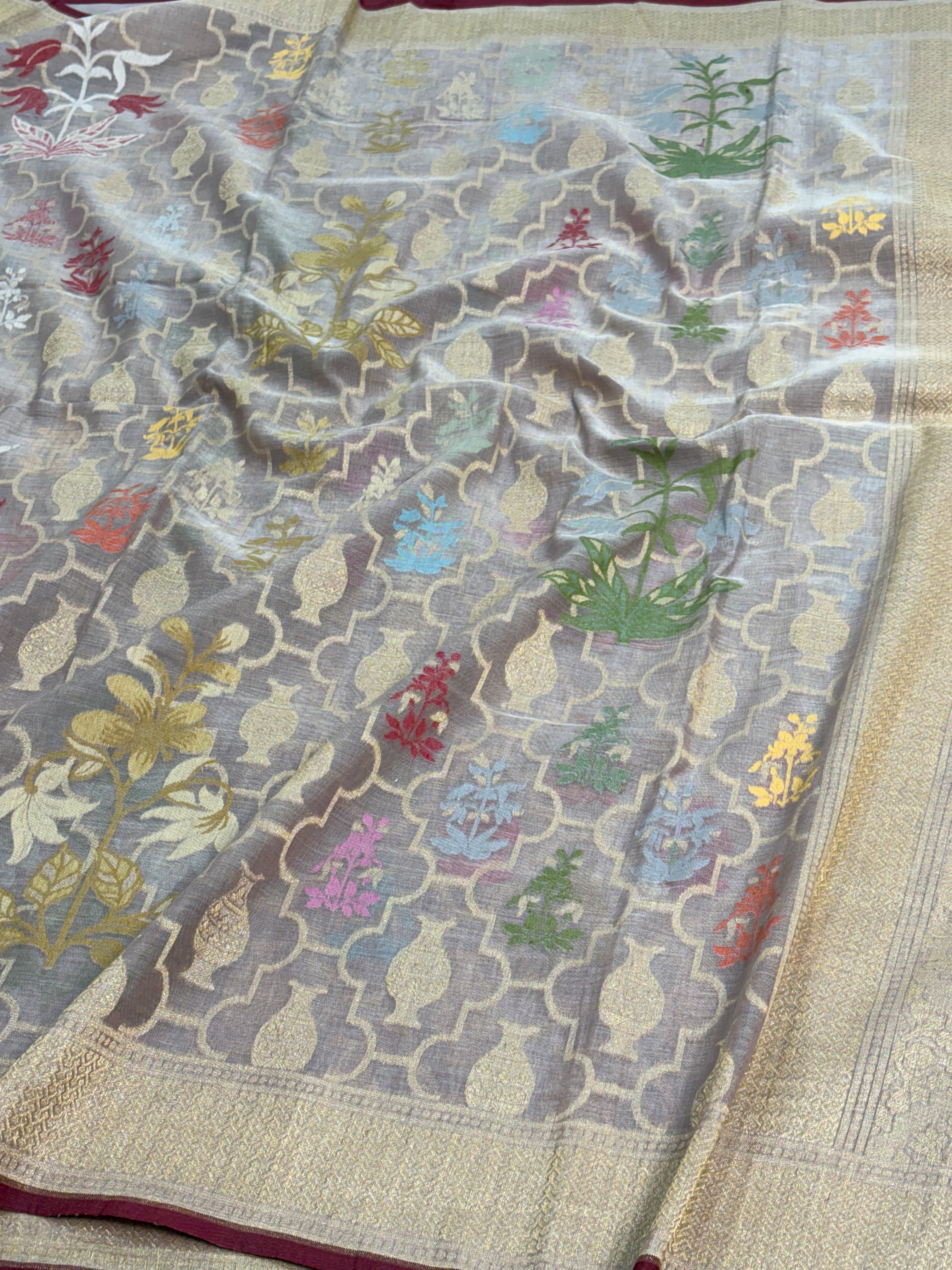 Mauve Banarasi Cotton Jamdani Saree with Multicolor Woven Motifs