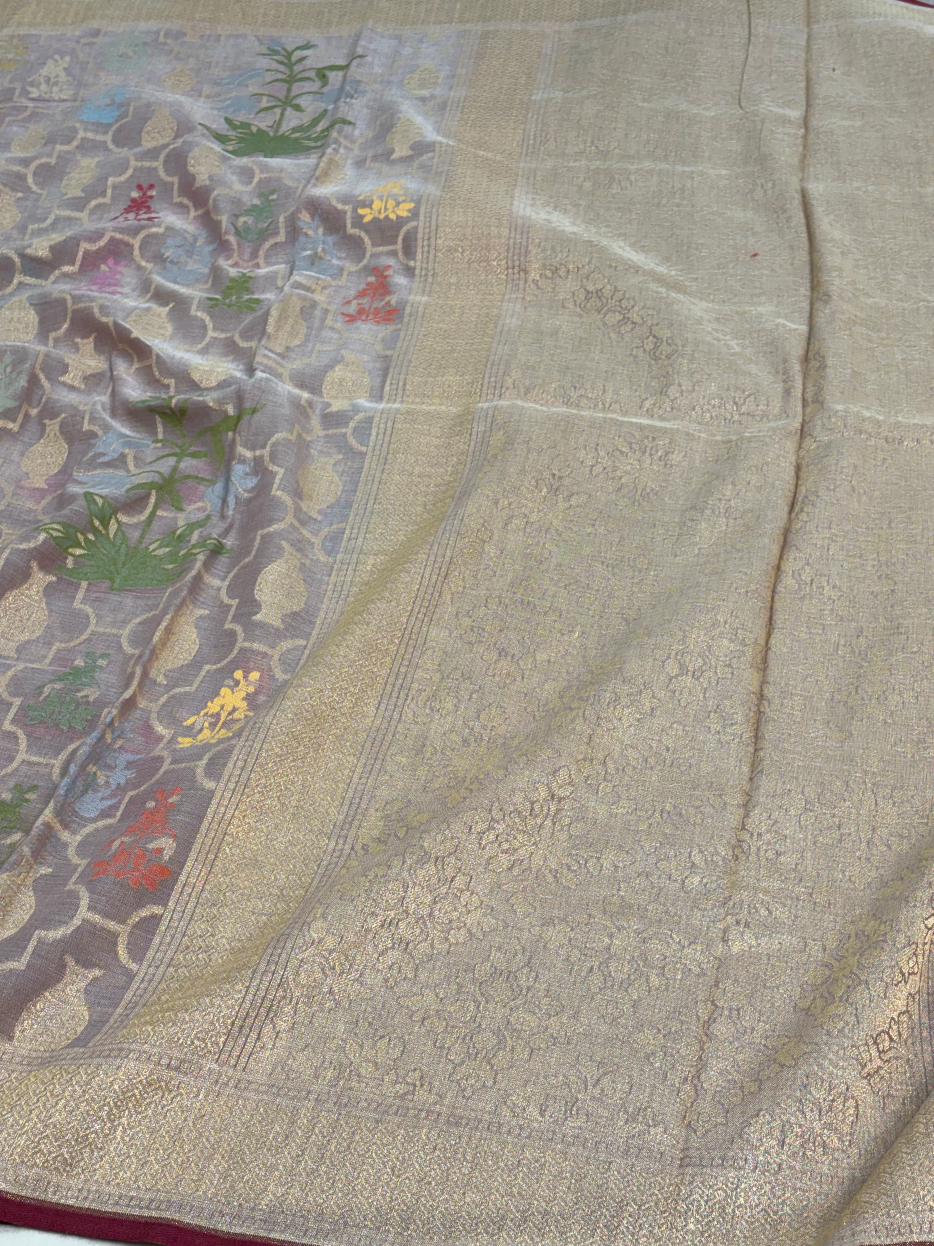 Mauve Banarasi Cotton Jamdani Saree with Multicolor Woven Motifs