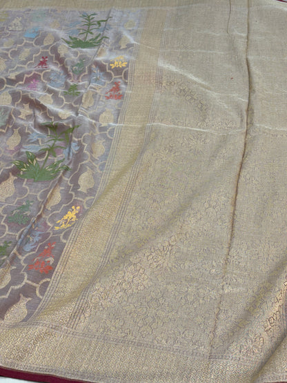 Mauve Banarasi Cotton Jamdani Saree with Multicolor Woven Motifs