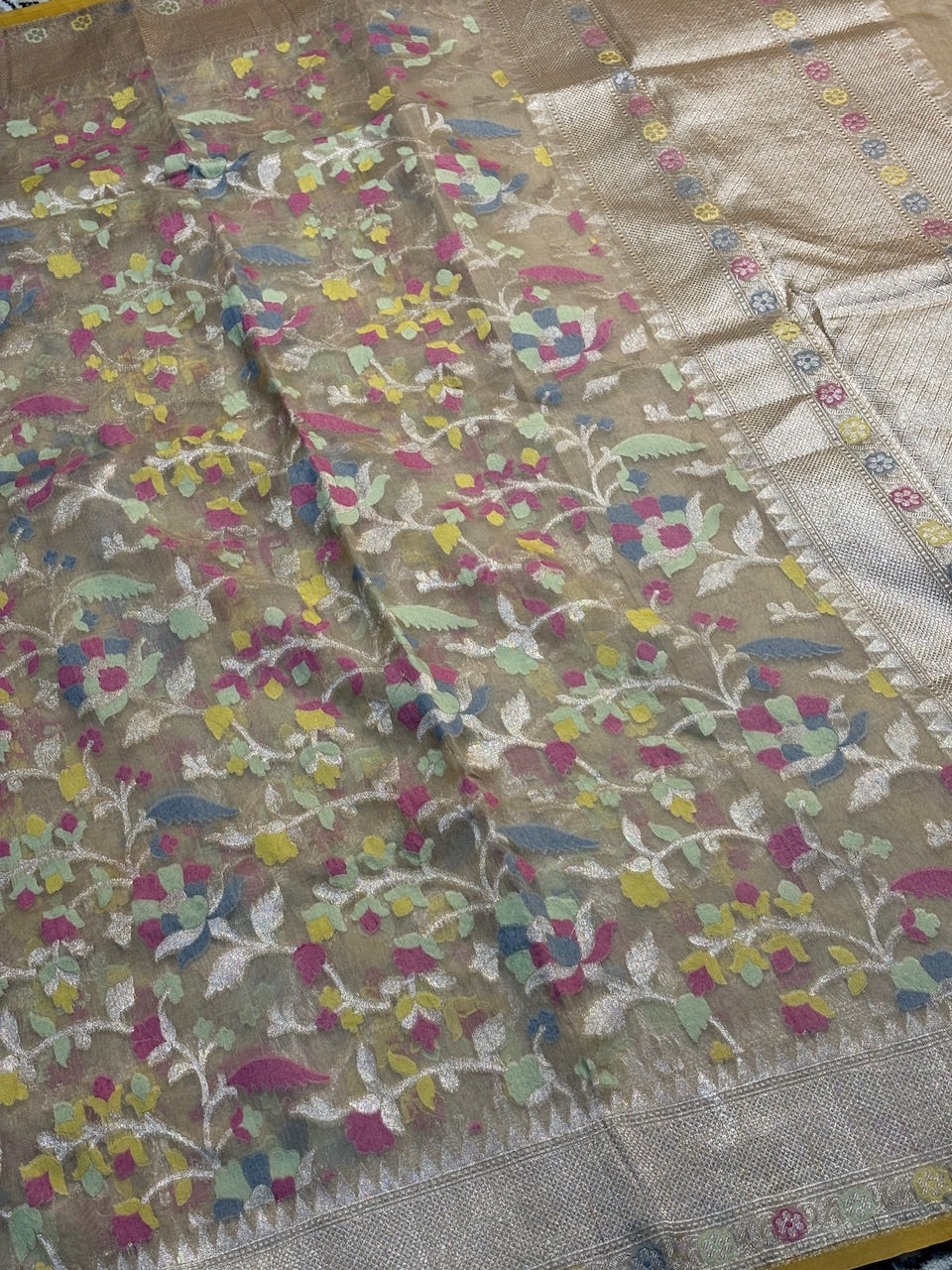 Champagne Gold Pure Banarasi Kora cotton Jamdani Saree