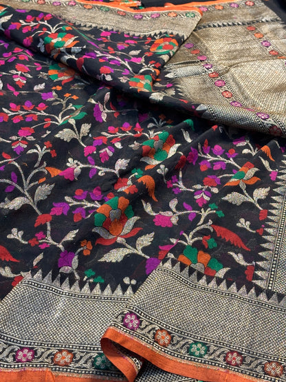 Black Pure Banarasi cotton Jamdani Saree