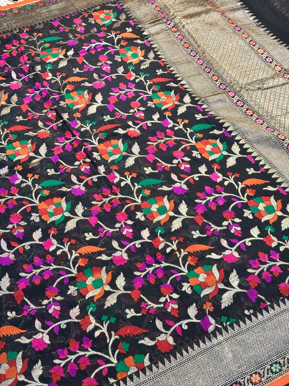 Black Pure Banarasi cotton Jamdani Saree