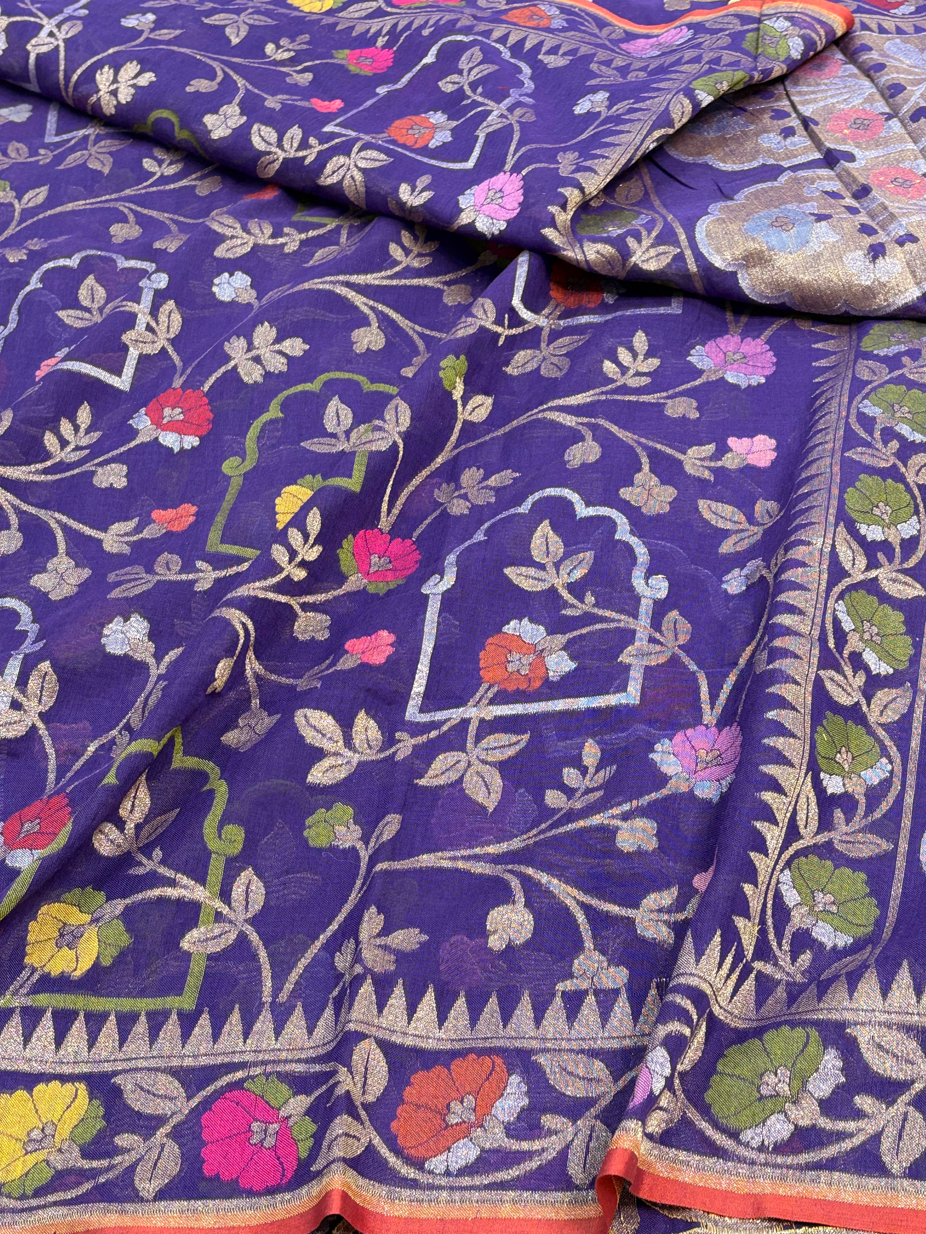 Purple Cotton Jamdani Saree with Multicolor Floral Weaving
