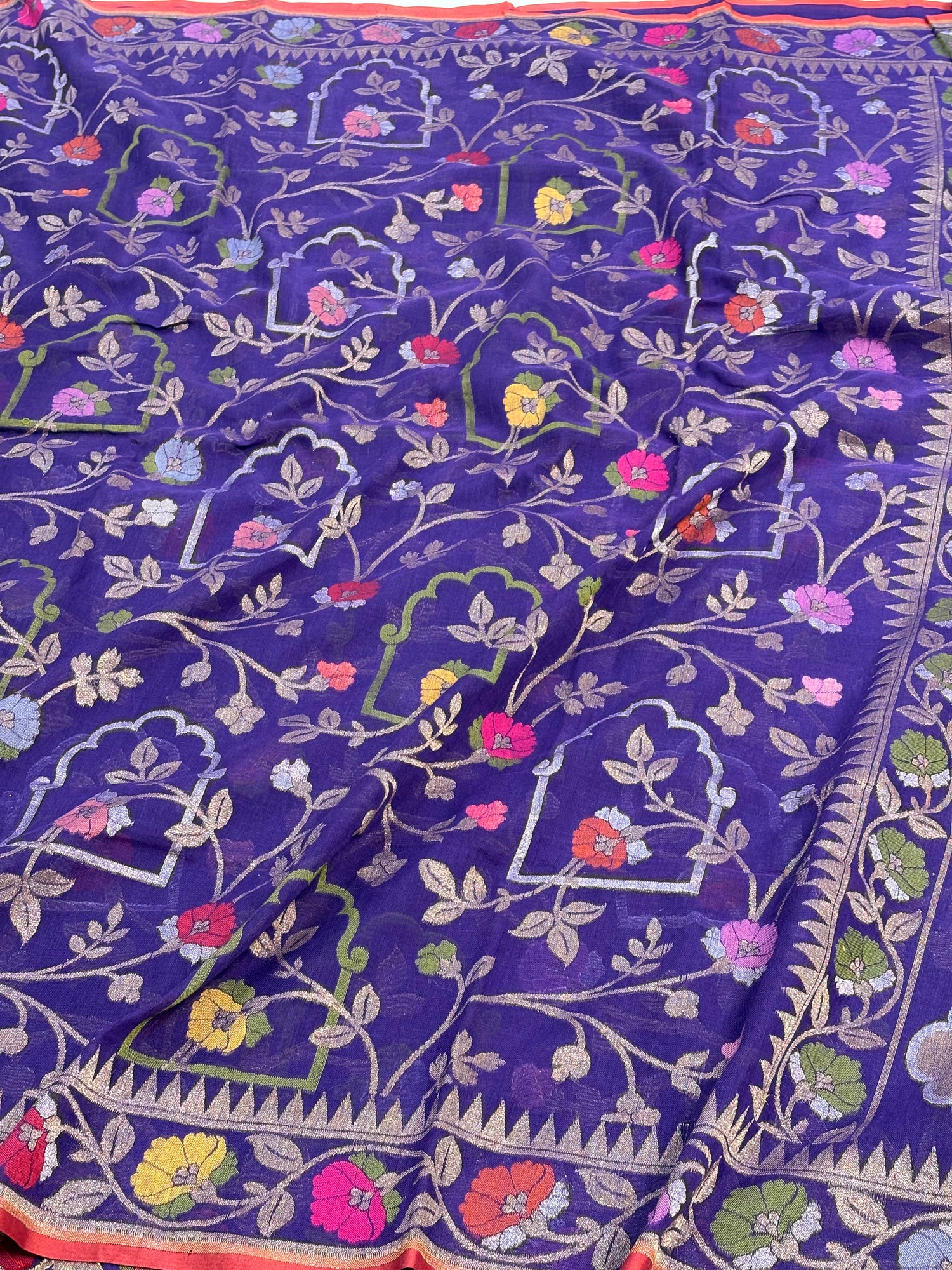Purple Cotton Jamdani Saree with Multicolor Floral Weaving