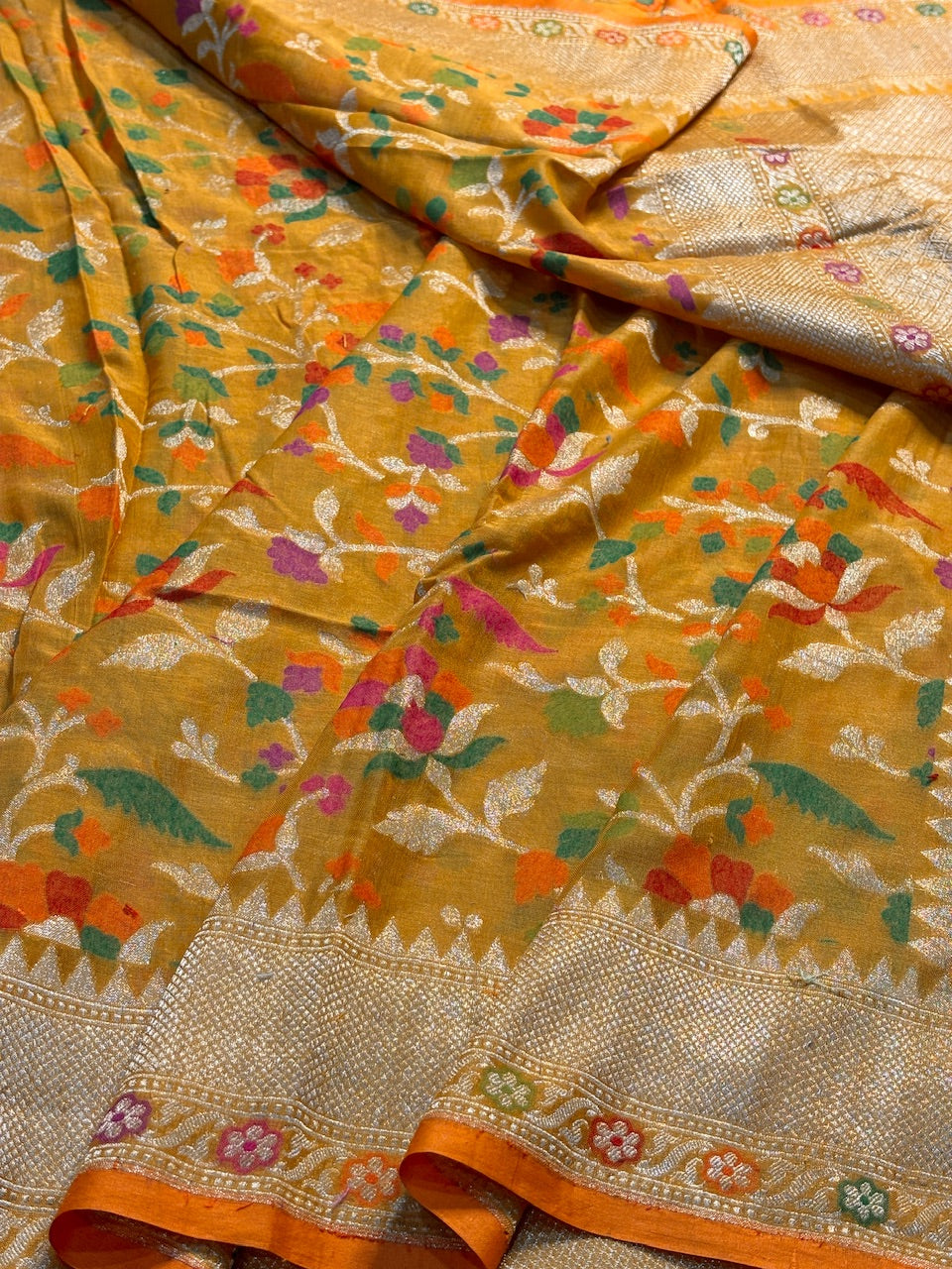 Yellow Pure Banarasi cotton Jamdani Saree