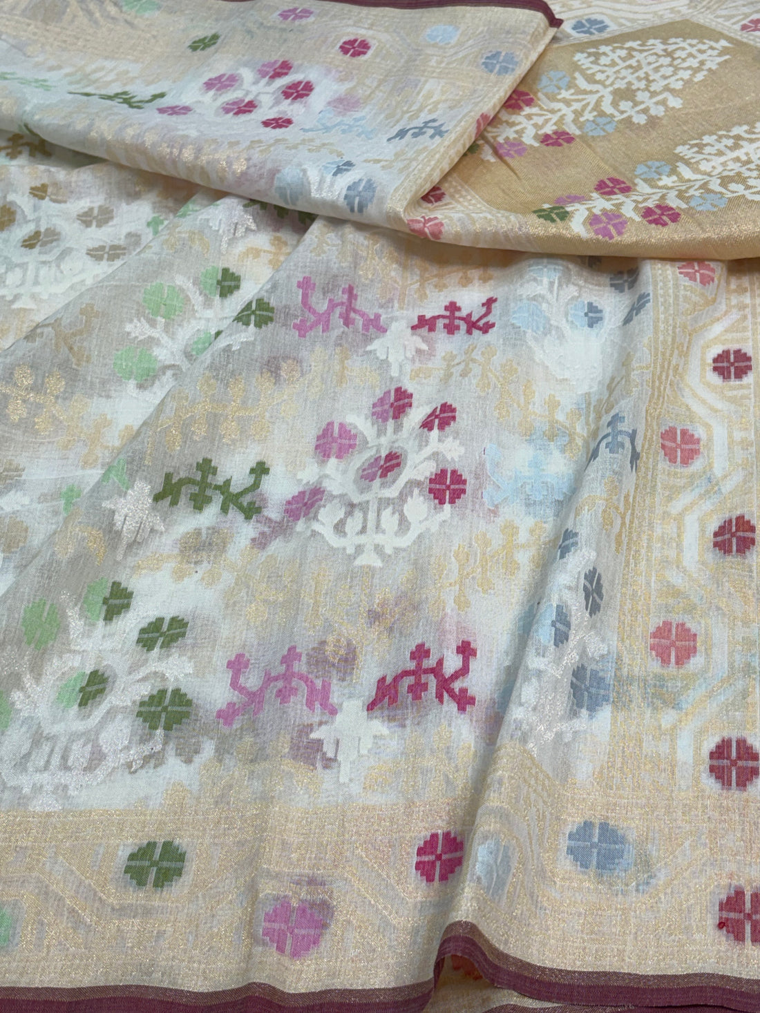 White Cotton Jamdani Saree with Multicolor Woven Motifs