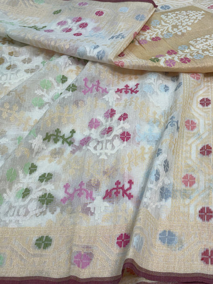 White Cotton Jamdani Saree with Multicolor Woven Motifs