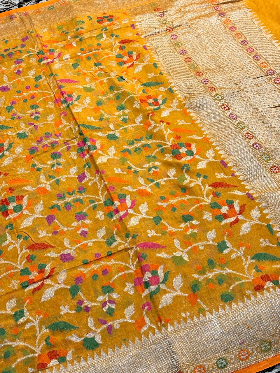 Yellow Pure Banarasi cotton Jamdani Saree