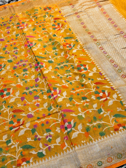 Yellow Pure Banarasi cotton Jamdani Saree