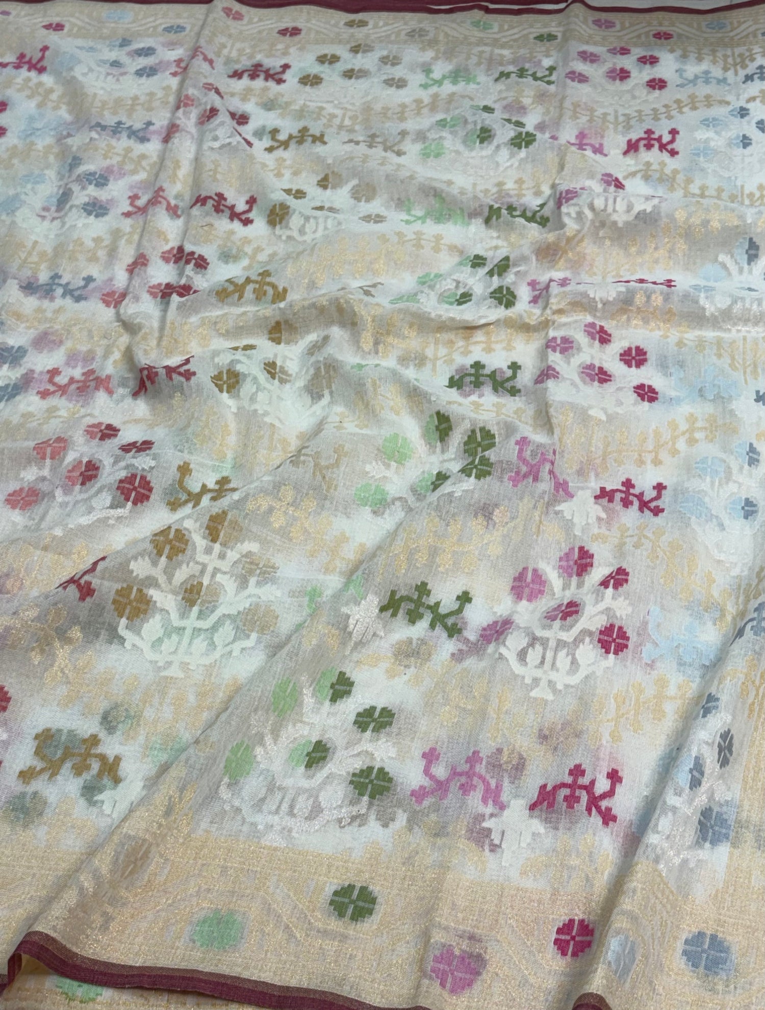 White Cotton Jamdani Saree with Multicolor Woven Motifs
